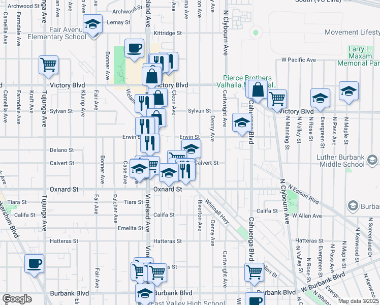 map of restaurants, bars, coffee shops, grocery stores, and more near 6122 Satsuma Avenue in Los Angeles