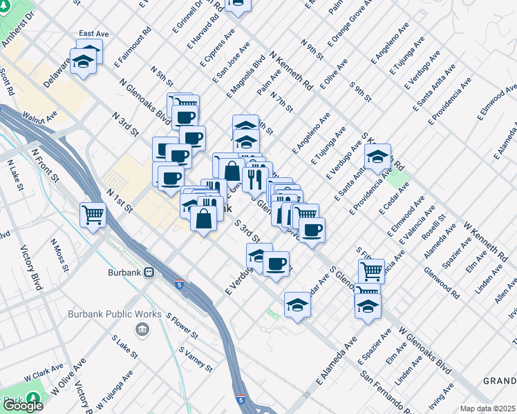 map of restaurants, bars, coffee shops, grocery stores, and more near 225 South Glenoaks Boulevard in Burbank