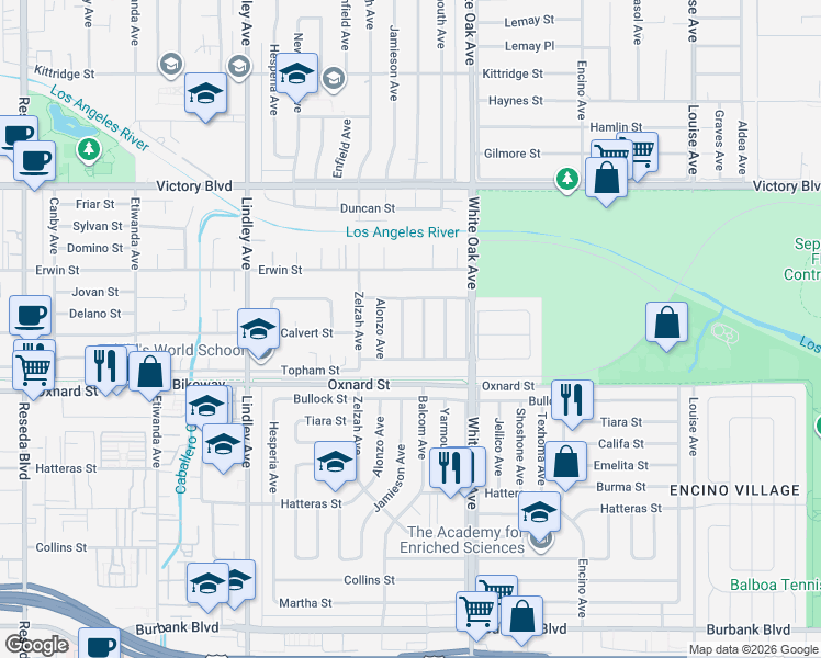 map of restaurants, bars, coffee shops, grocery stores, and more near 6150 Jamieson Avenue in Los Angeles
