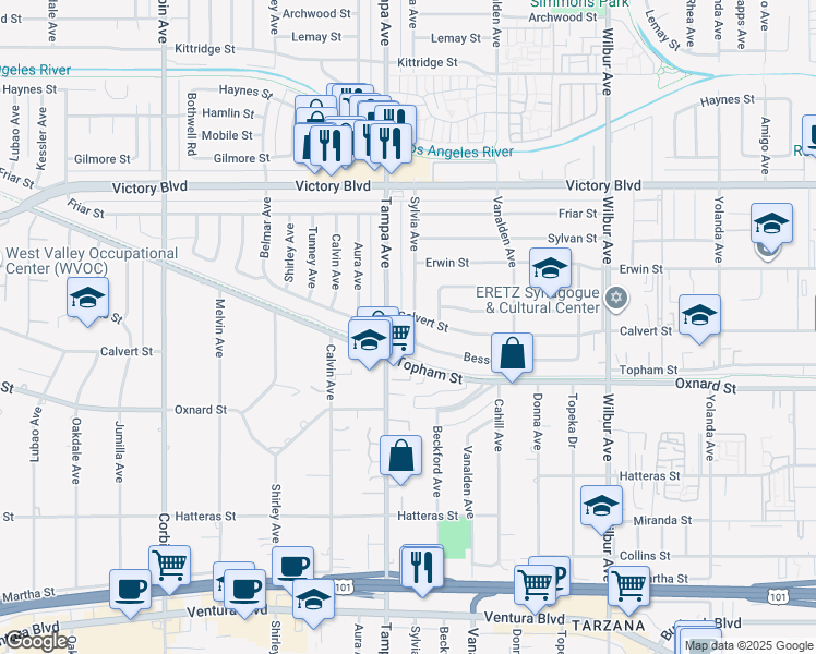 map of restaurants, bars, coffee shops, grocery stores, and more near 6133 Sylvia Avenue in Tarzana