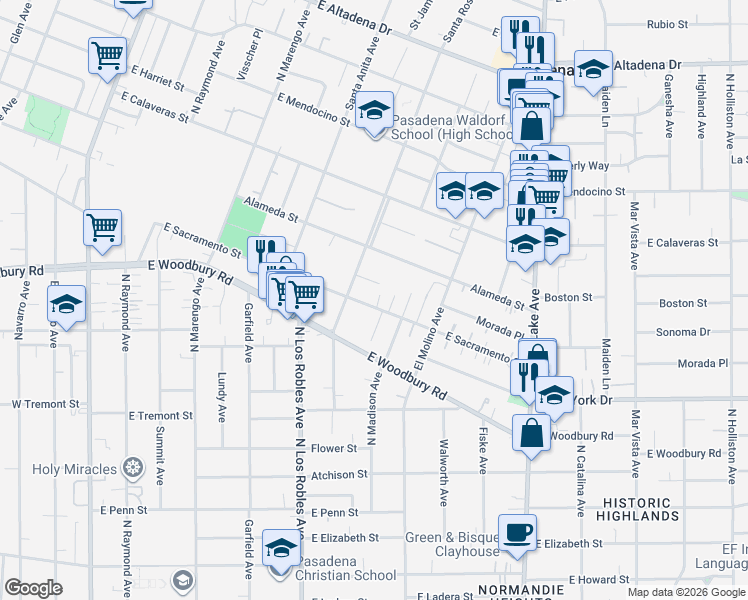 map of restaurants, bars, coffee shops, grocery stores, and more near 575 East Sacramento Street in Altadena