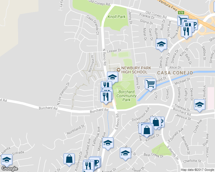 map of restaurants, bars, coffee shops, grocery stores, and more near 3637 San Vincente Lane in Thousand Oaks
