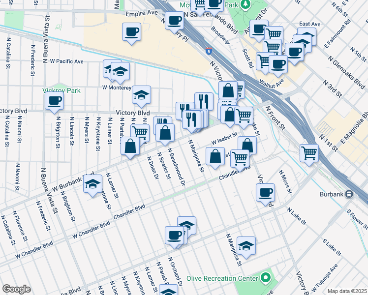 map of restaurants, bars, coffee shops, grocery stores, and more near 830 North Griffith Park Drive in Burbank