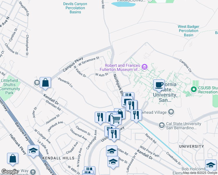 map of restaurants, bars, coffee shops, grocery stores, and more near 1920 Chancellor Way in San Bernardino
