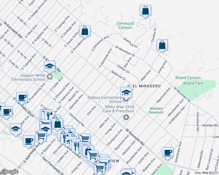 map of restaurants, bars, coffee shops, grocery stores, and more near 1369 Elm Avenue in Glendale