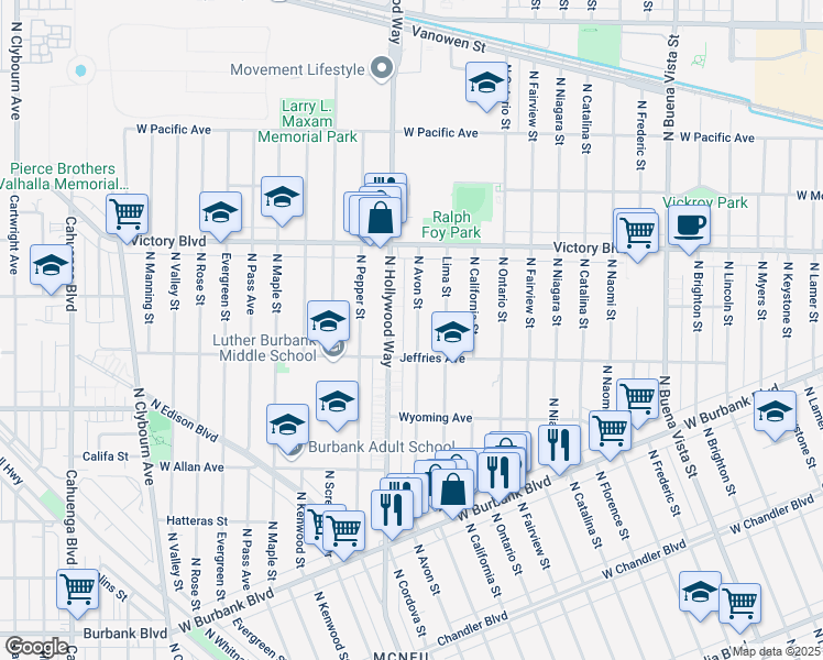 map of restaurants, bars, coffee shops, grocery stores, and more near 1725 North Avon Street in Burbank