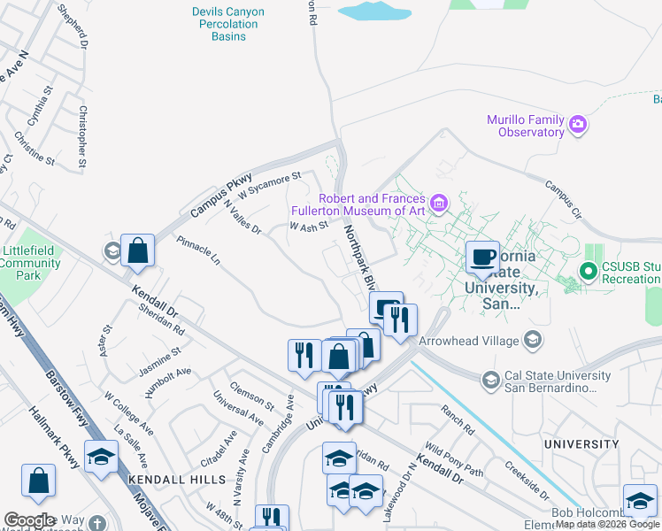 map of restaurants, bars, coffee shops, grocery stores, and more near 1920 Chancellor Way in San Bernardino