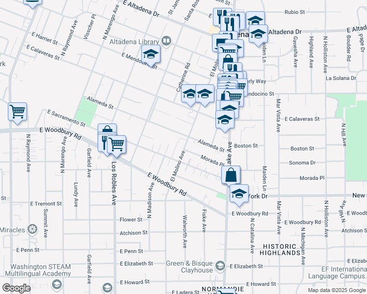 map of restaurants, bars, coffee shops, grocery stores, and more near 2117 El Molino Avenue in Altadena
