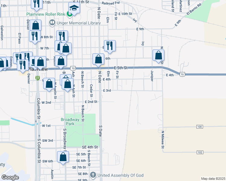 map of restaurants, bars, coffee shops, grocery stores, and more near East 3rd in Plainview
