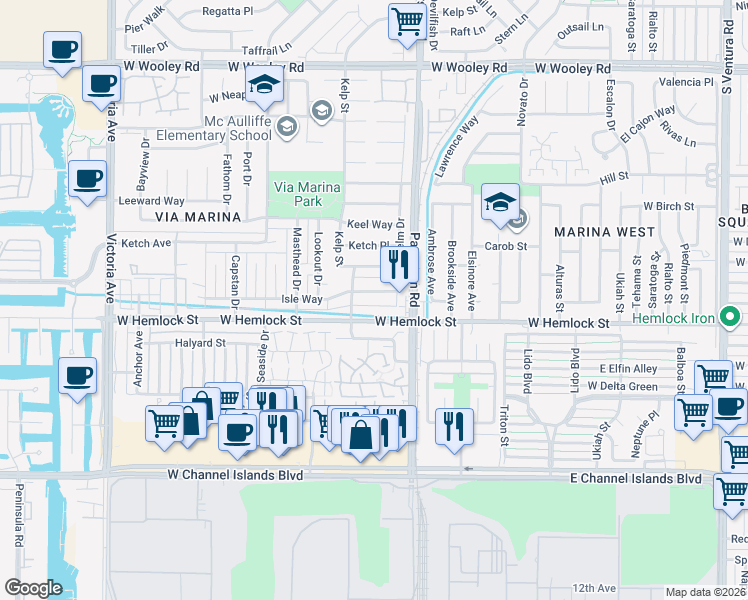 map of restaurants, bars, coffee shops, grocery stores, and more near 3000 Isle Way in Oxnard