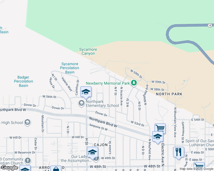 map of restaurants, bars, coffee shops, grocery stores, and more near 5785 Louise Street in San Bernardino