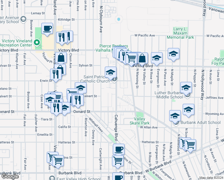 map of restaurants, bars, coffee shops, grocery stores, and more near 6129 Cahuenga Boulevard in Los Angeles