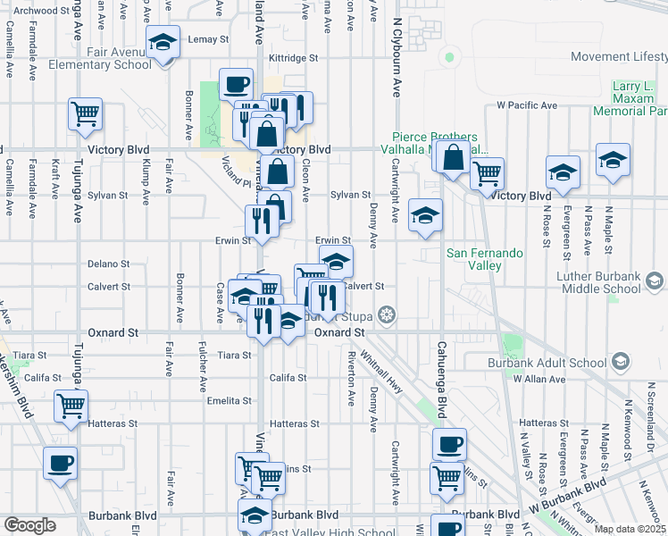 map of restaurants, bars, coffee shops, grocery stores, and more near 6122 Satsuma Avenue in Los Angeles
