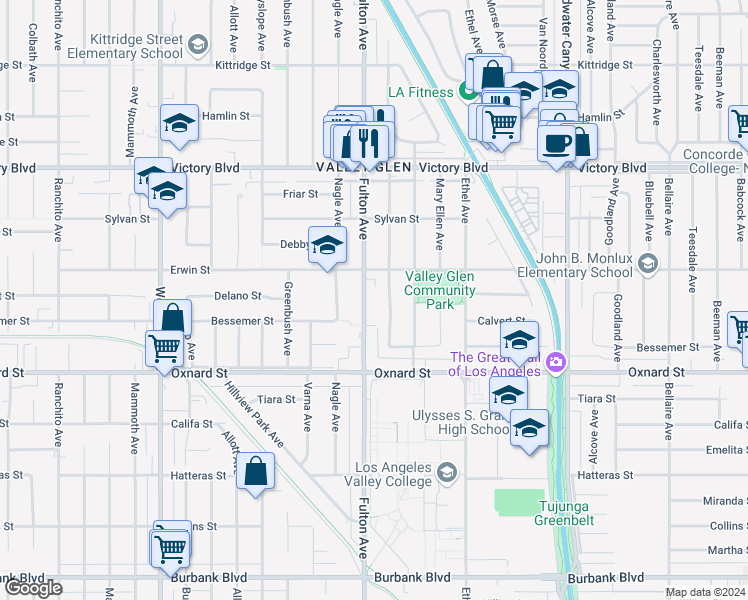 map of restaurants, bars, coffee shops, grocery stores, and more near 6126 Fulton Avenue in Los Angeles