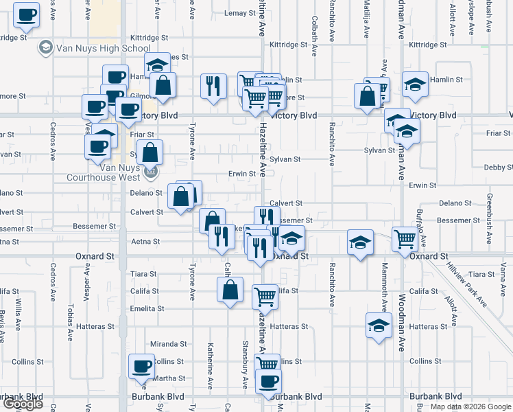 map of restaurants, bars, coffee shops, grocery stores, and more near in Los Angeles County