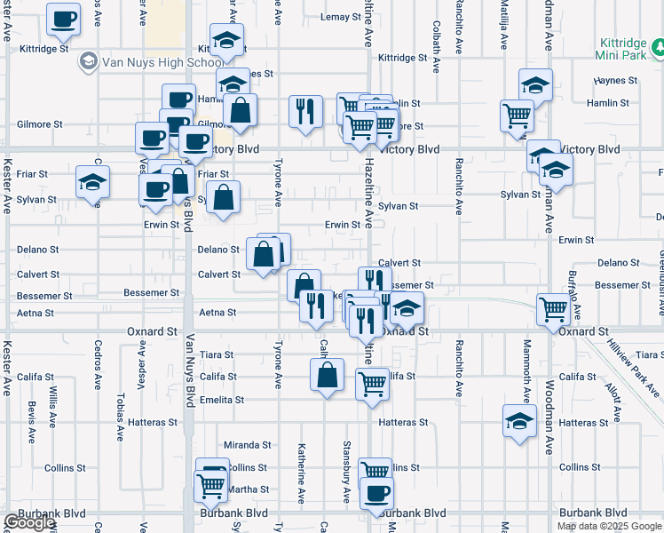 map of restaurants, bars, coffee shops, grocery stores, and more near 14145 Calvert Street in Los Angeles