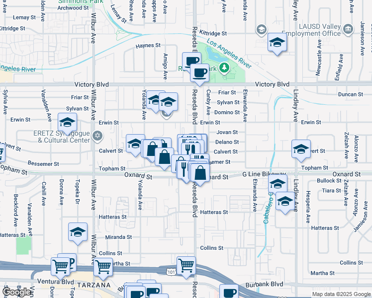 map of restaurants, bars, coffee shops, grocery stores, and more near 18529 Calvert Street in Los Angeles