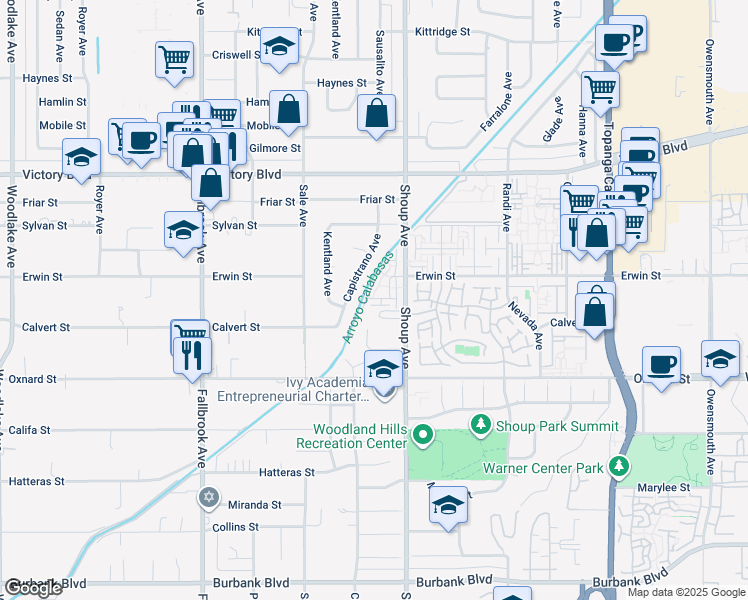 map of restaurants, bars, coffee shops, grocery stores, and more near 42 Erwin Street in Los Angeles