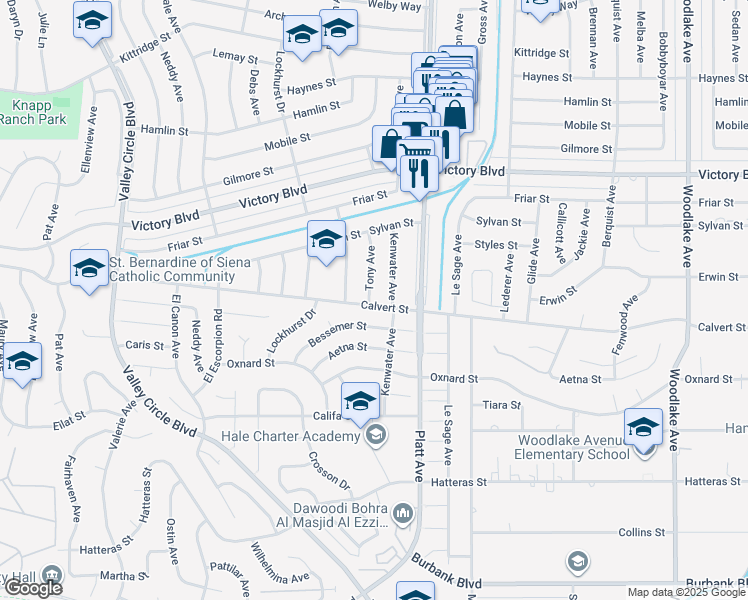map of restaurants, bars, coffee shops, grocery stores, and more near 23821 Calvert Street in Los Angeles