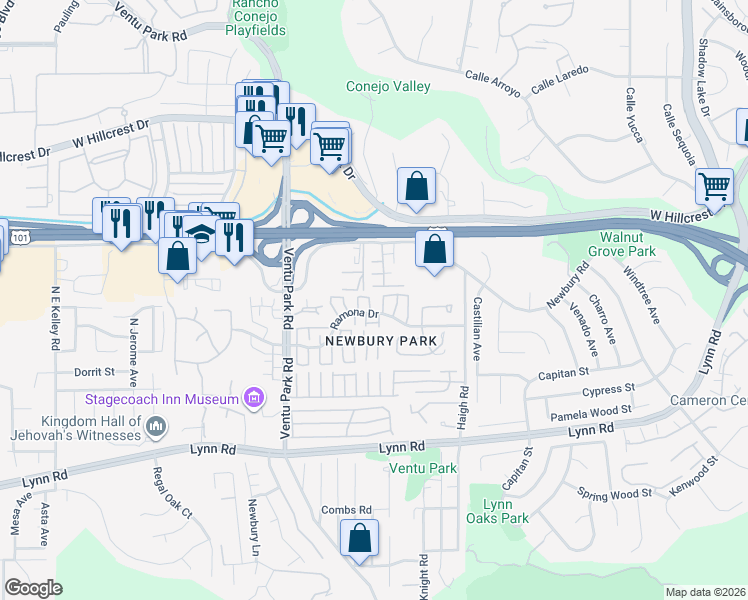 map of restaurants, bars, coffee shops, grocery stores, and more near 1277 Ramona Drive in Thousand Oaks