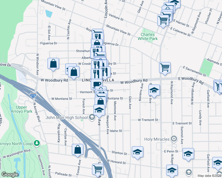 map of restaurants, bars, coffee shops, grocery stores, and more near 341 Laun Street in Altadena