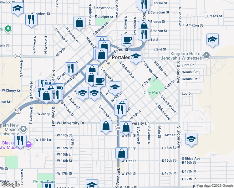 map of restaurants, bars, coffee shops, grocery stores, and more near 212 West 6th Street in Portales
