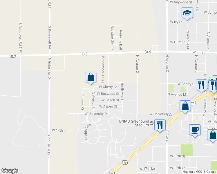 map of restaurants, bars, coffee shops, grocery stores, and more near 672 North Avenue T in Portales