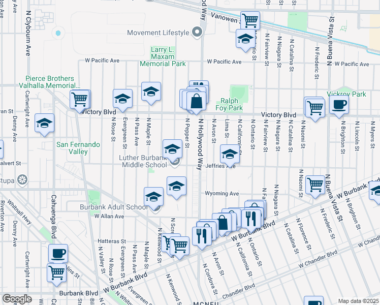map of restaurants, bars, coffee shops, grocery stores, and more near 1820 North Pepper Street in Burbank