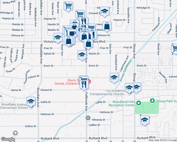 map of restaurants, bars, coffee shops, grocery stores, and more near 6132 Fallbrook Avenue in Los Angeles