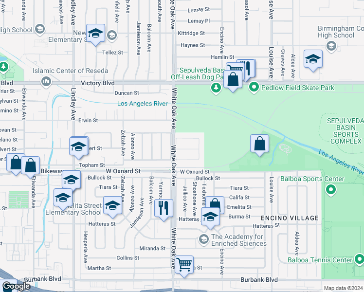 map of restaurants, bars, coffee shops, grocery stores, and more near 17643 Calvert Street in Los Angeles