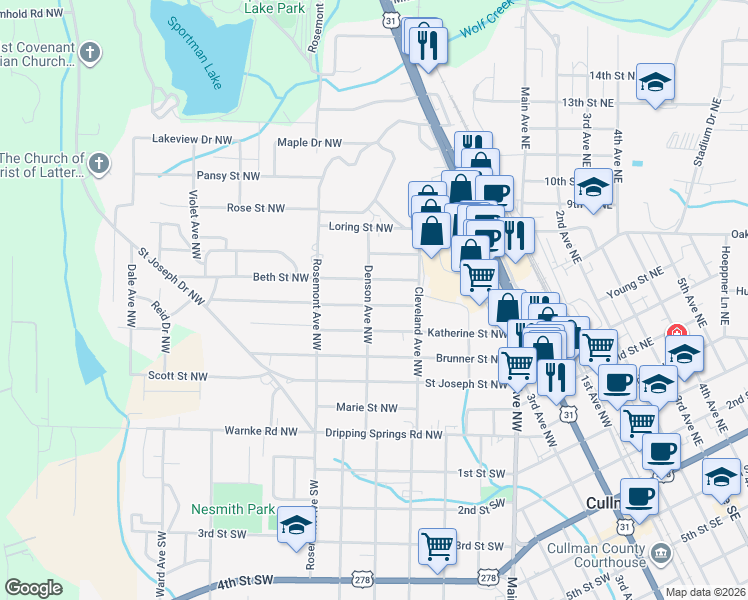 map of restaurants, bars, coffee shops, grocery stores, and more near 1401 Ann Street Northwest in Cullman