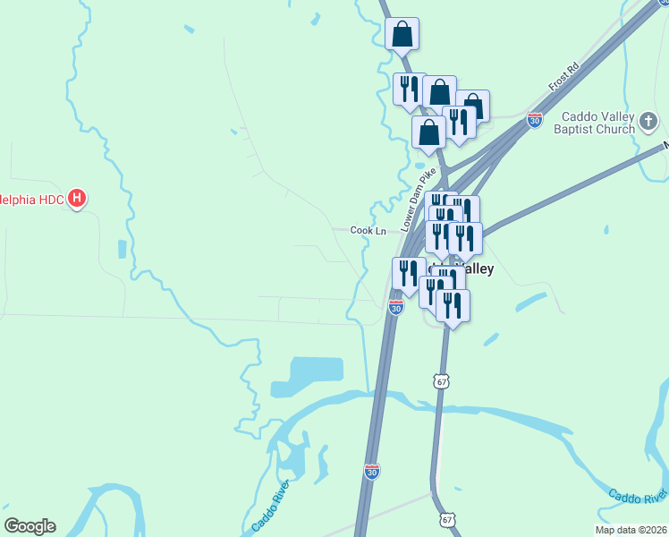 map of restaurants, bars, coffee shops, grocery stores, and more near 17 Paradise Circle in Caddo Valley