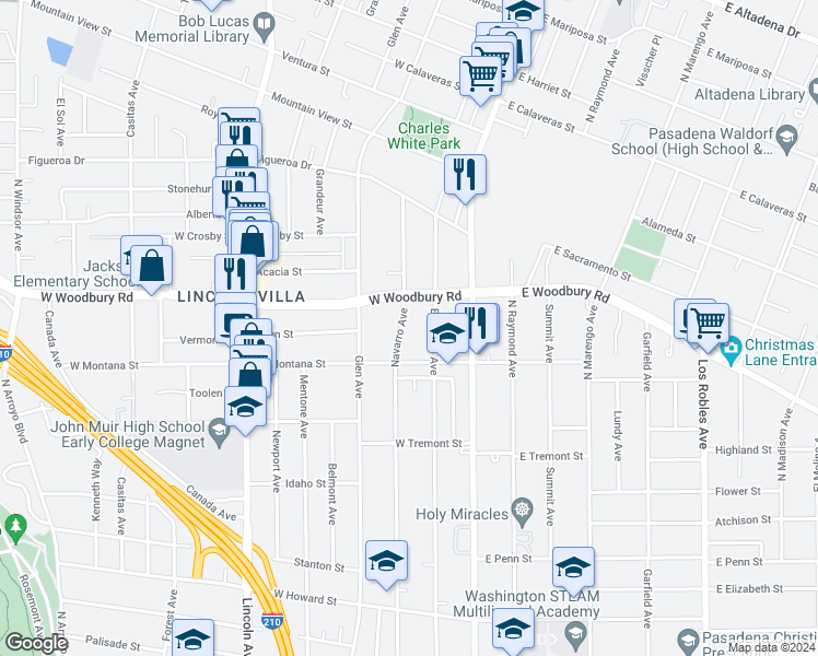 map of restaurants, bars, coffee shops, grocery stores, and more near 2116 Navarro Avenue in Altadena