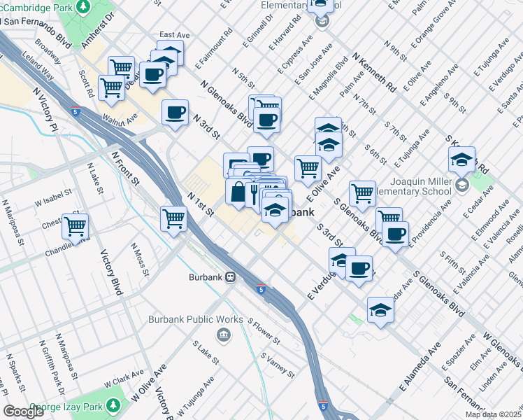 map of restaurants, bars, coffee shops, grocery stores, and more near 220 North San Fernando Boulevard in Burbank