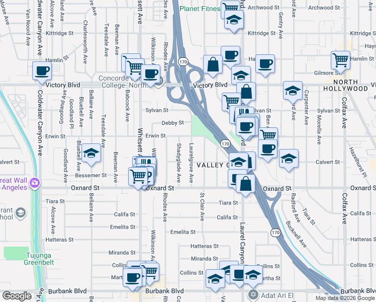 map of restaurants, bars, coffee shops, grocery stores, and more near 6127 Laurelgrove Avenue in Los Angeles