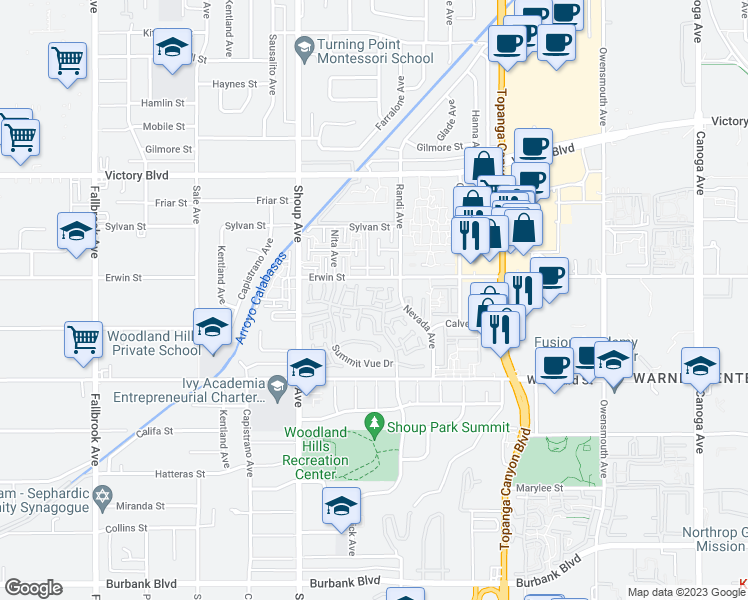 map of restaurants, bars, coffee shops, grocery stores, and more near 22257 Coralbell Lane in Los Angeles