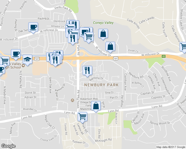 map of restaurants, bars, coffee shops, grocery stores, and more near 1311 Ramona Drive in Thousand Oaks