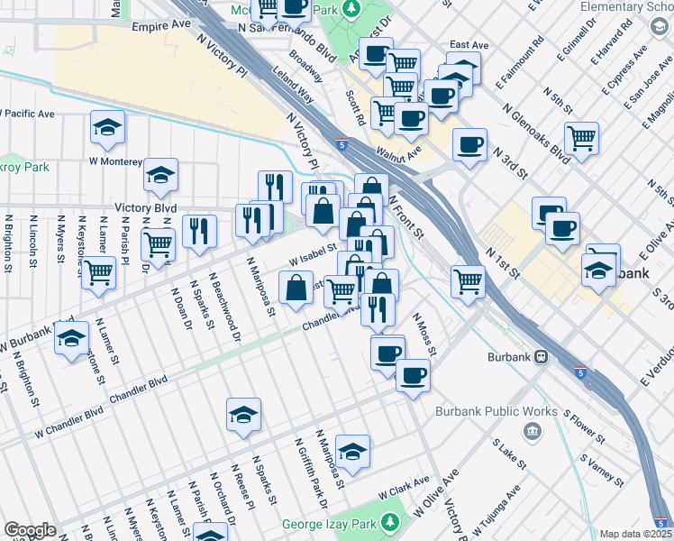 map of restaurants, bars, coffee shops, grocery stores, and more near 917 Chestnut Street in Burbank