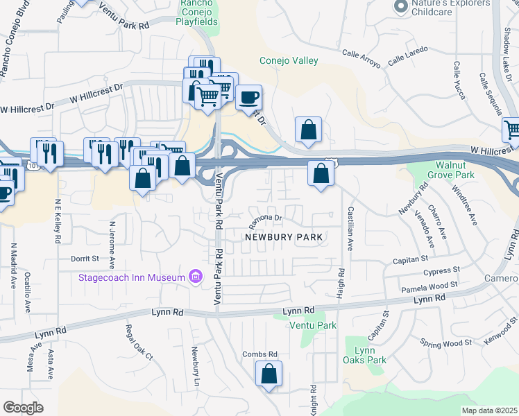 map of restaurants, bars, coffee shops, grocery stores, and more near 1311 Ramona Drive in Thousand Oaks