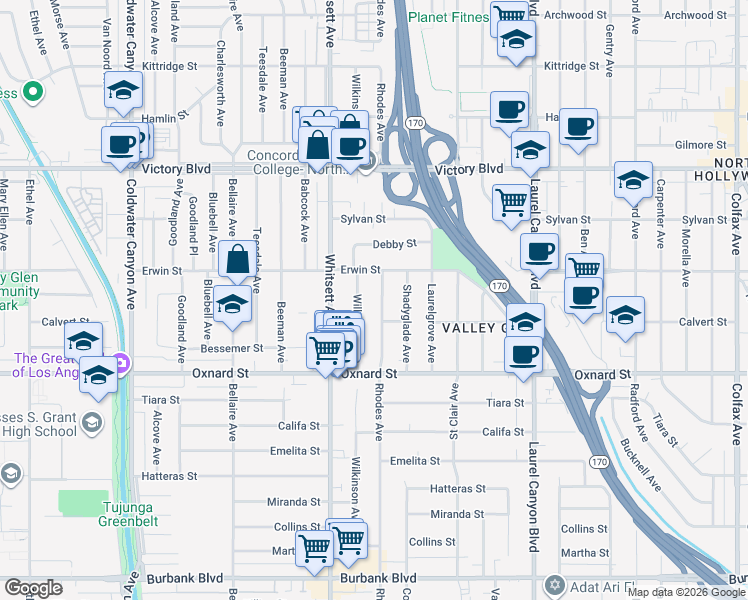 map of restaurants, bars, coffee shops, grocery stores, and more near 6127 Rhodes Avenue in Los Angeles
