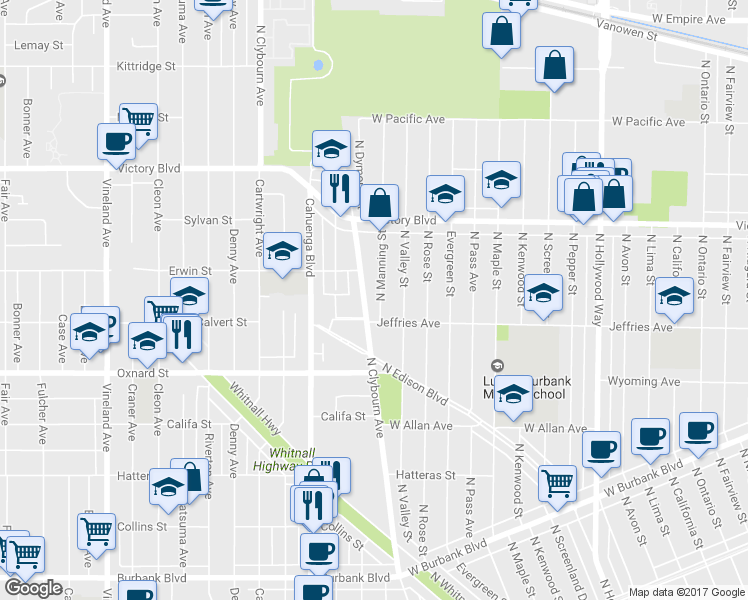 map of restaurants, bars, coffee shops, grocery stores, and more near 1921 North Manning Street in Burbank