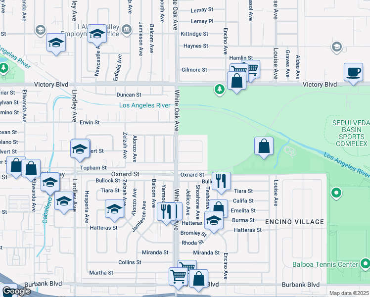 map of restaurants, bars, coffee shops, grocery stores, and more near 17643 Calvert Street in Los Angeles