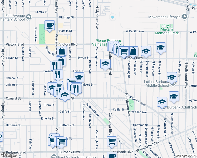 map of restaurants, bars, coffee shops, grocery stores, and more near 6124 Cartwright Avenue in Los Angeles