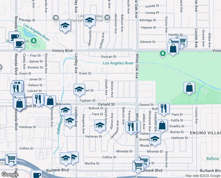 map of restaurants, bars, coffee shops, grocery stores, and more near 6201 Alonzo Avenue in Los Angeles