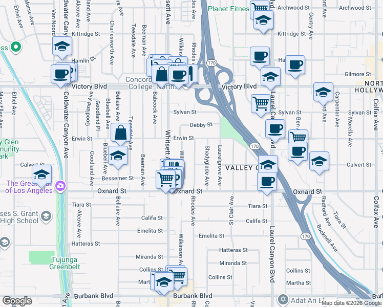 map of restaurants, bars, coffee shops, grocery stores, and more near 6127 Rhodes Avenue in Los Angeles
