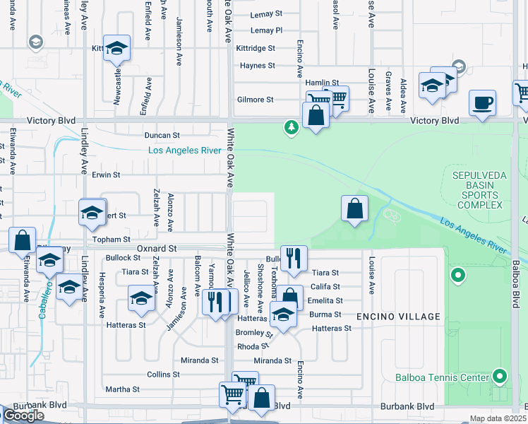 map of restaurants, bars, coffee shops, grocery stores, and more near 17601 Calvert Street in Los Angeles