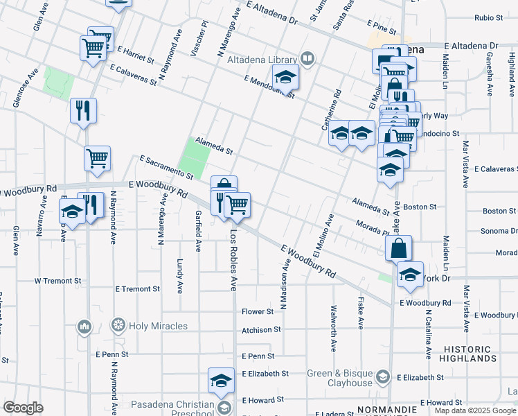 map of restaurants, bars, coffee shops, grocery stores, and more near 2105 Santa Rosa Avenue in Altadena