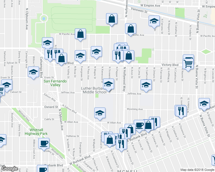 map of restaurants, bars, coffee shops, grocery stores, and more near 1823 North Screenland Drive in Burbank