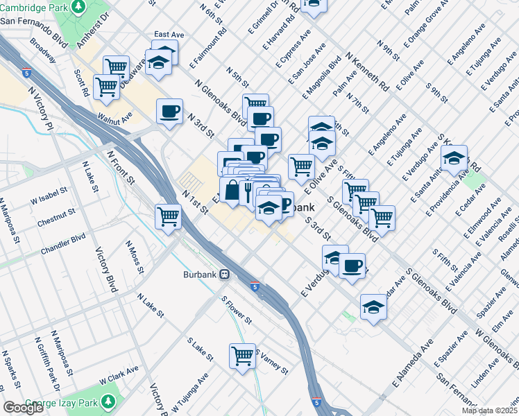 map of restaurants, bars, coffee shops, grocery stores, and more near 220 North San Fernando Boulevard in Burbank