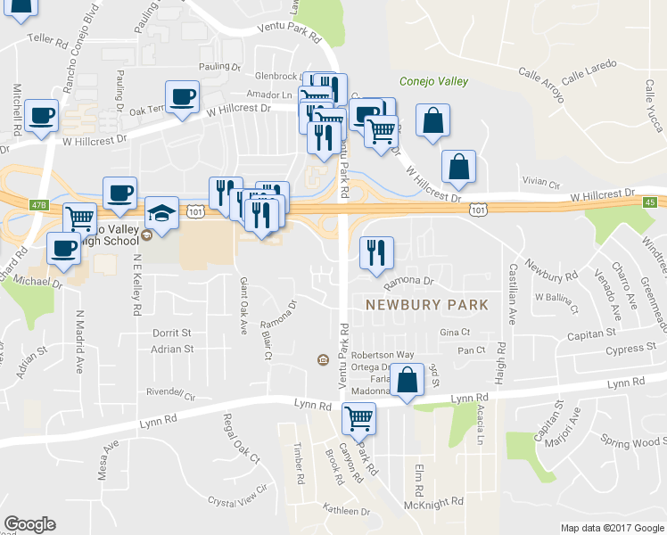 map of restaurants, bars, coffee shops, grocery stores, and more near 1521 Silver Shadow Drive in Thousand Oaks